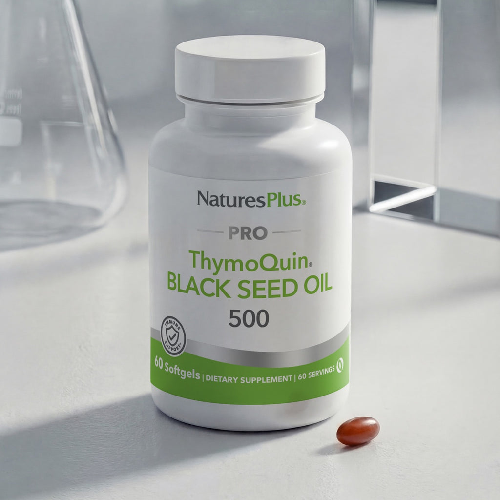 NTP356 | NaturesPlus Pro ThymoQuin Black Seed Oil 500 softgels bottle with one softgel - Thumbnail