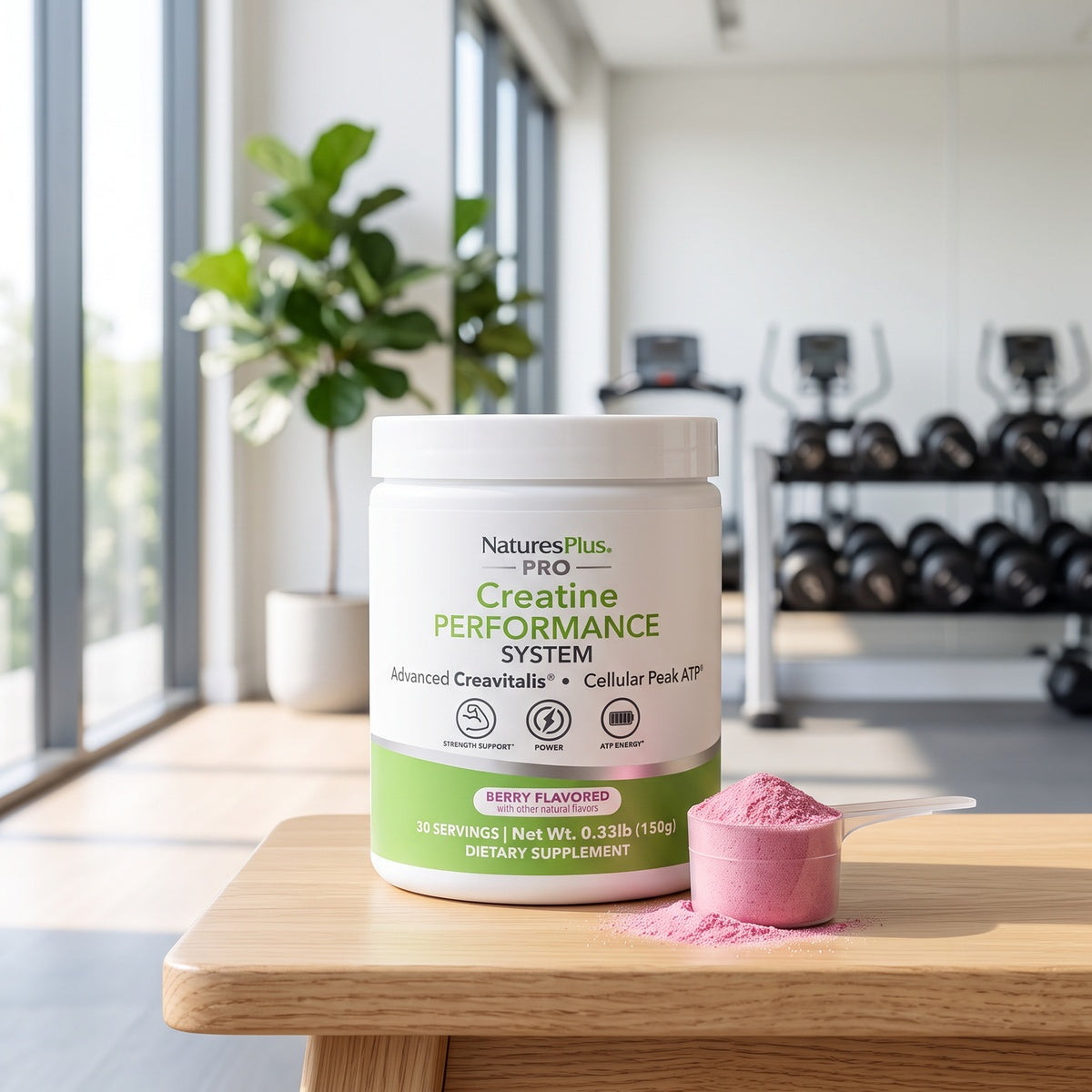 NTP355 | NaturesPlus Pro Creatine Performance System berry flavored supplement jar with pink powder scoop