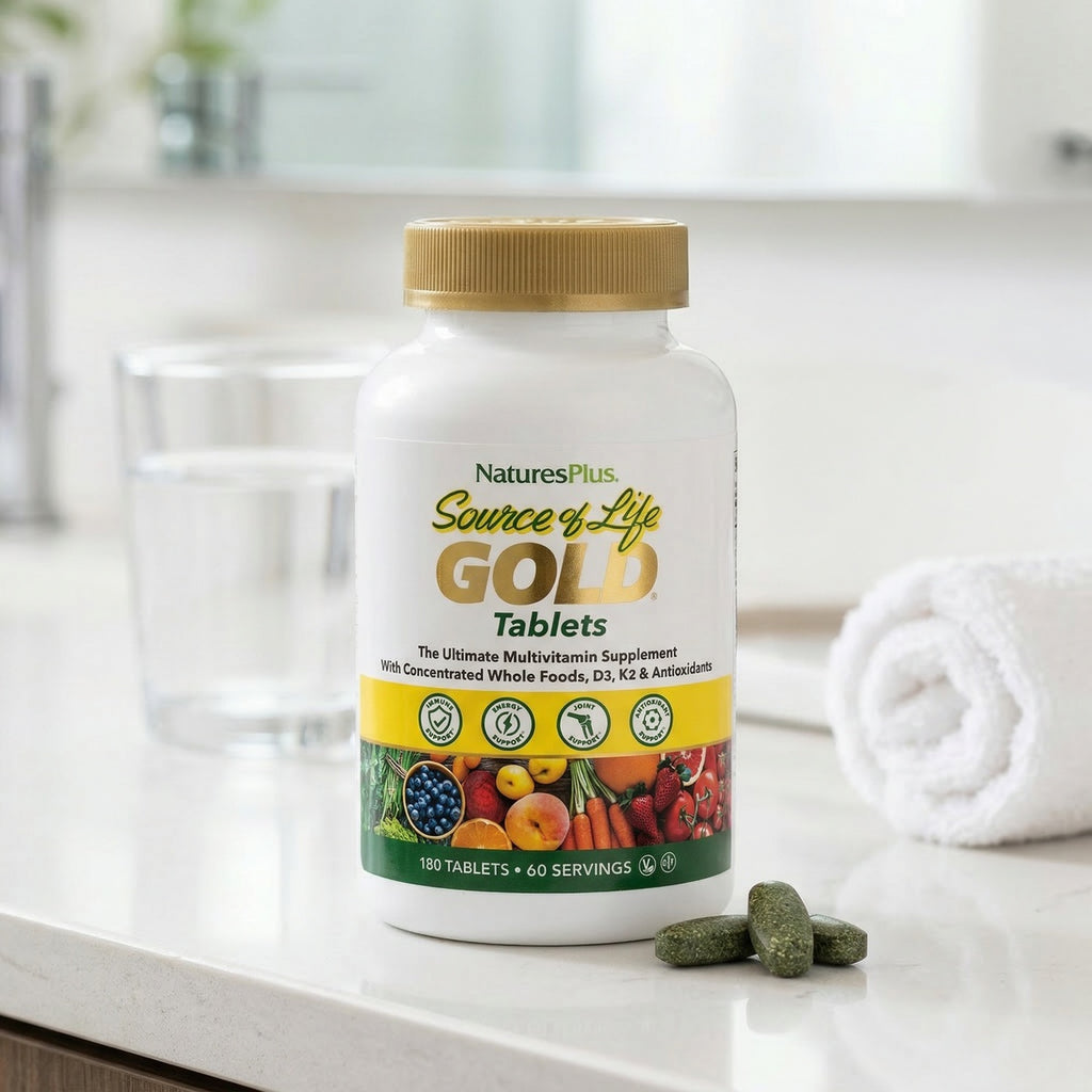 NTP360 | NaturesPlus Source of Life Gold Tablets bottle on a bathroom counter with tablets and towel - Thumbnail
