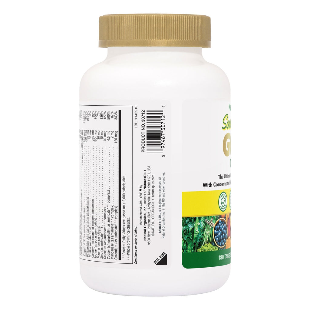 NTP360 | Bottle of Nature's Plus Source of Life Gold multivitamin, back label and supplement facts visible - Thumbnail
