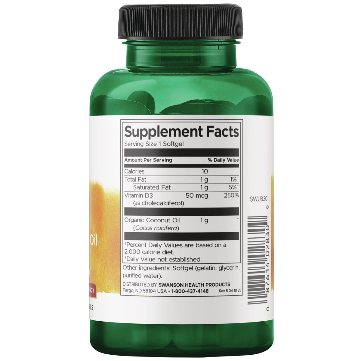 SWU830 | Supplement Facts panel showing Vitamin D3 50 mcg (250% DV), 1 softgel serving size