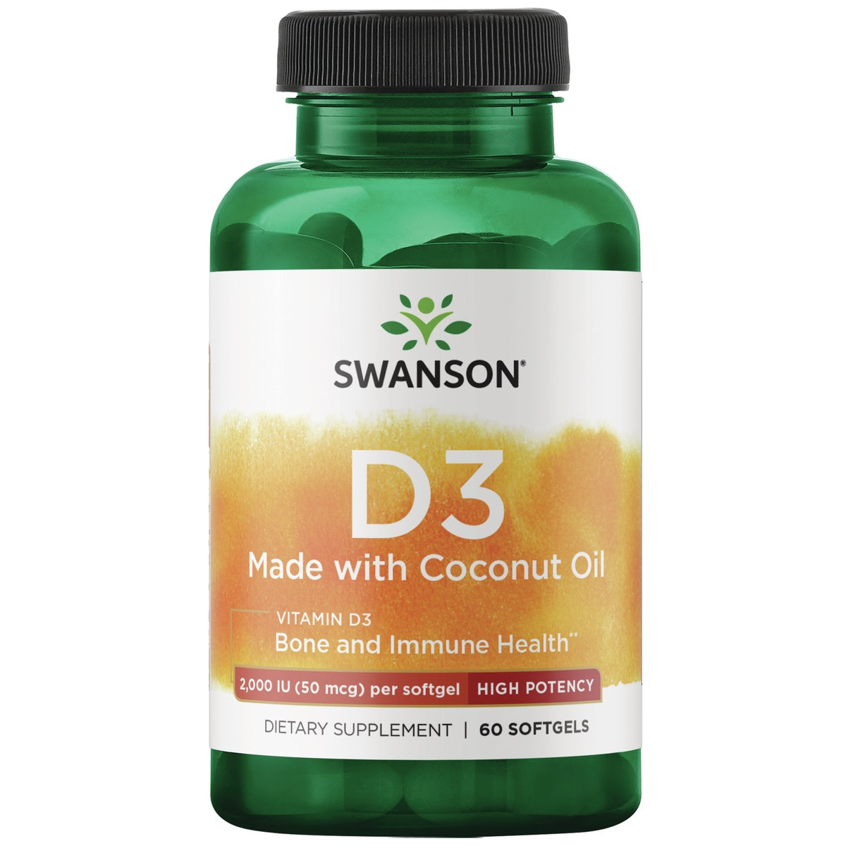 SWU830 | Four Swanson D3 with Coconut Oil supplement bottles front view || SWU830 | Three Swanson D3 with Coconut Oil supplement bottles, 2,000 IU softgels, front view || SWU830 | two Swanson D3 with Coconut Oil supplement bottles, front label reads 2,000 IU per softgel, 60 softgels