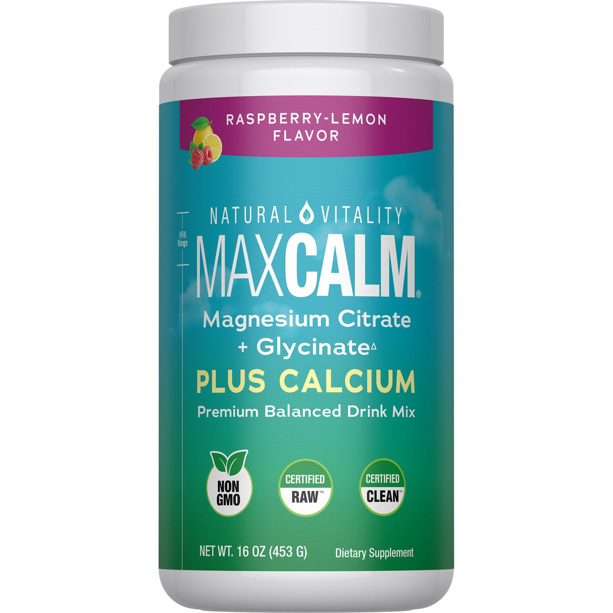 NVT010 | Calm Plus Calcium magnesium supplement raspberry-lemon drink mix canister front label, 16 oz