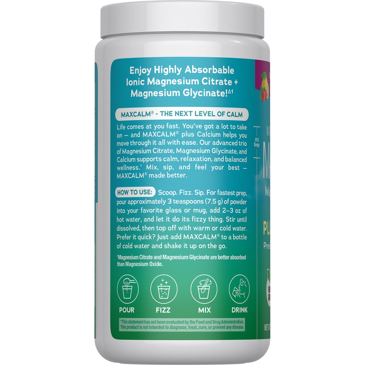 NVT010 | Back of blue supplement bottle label showing supplement facts, directions, icons and barcode