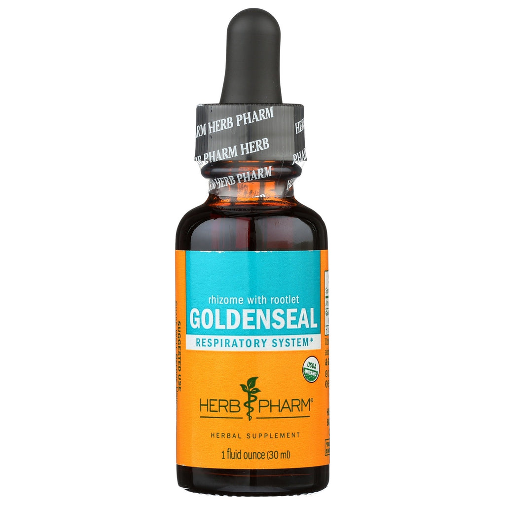 HPH016 | amber dropper bottle of GOLDENSEAL liquid herbal extract 1 fl oz by Herb Pharm, yellow label - Thumbnail