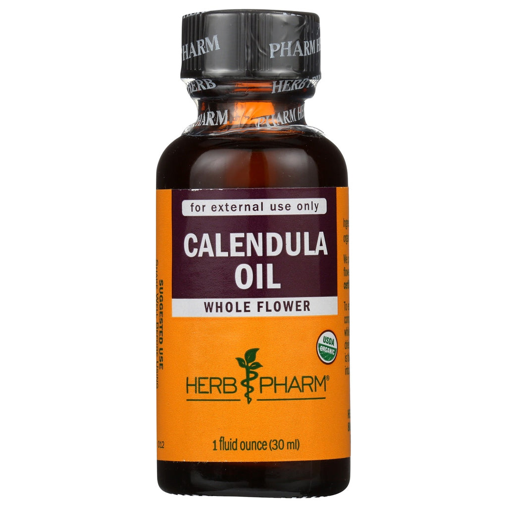HPH007 | Amber glass bottle of CALENDULA OIL 1 fl oz with yellow Herb Pharm label reading FOR EXTERNAL USE - Thumbnail