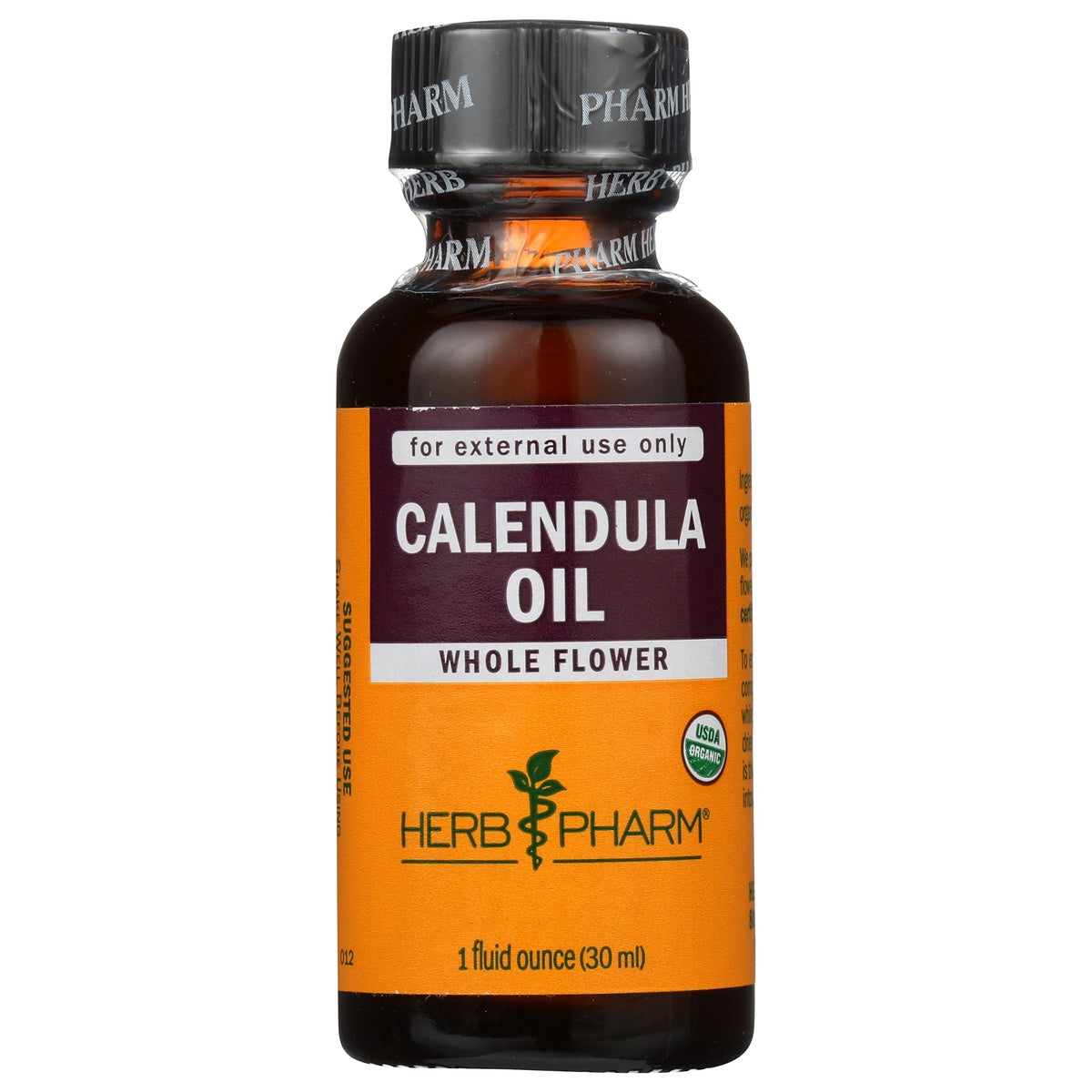 HPH007 | Amber glass bottle of CALENDULA OIL 1 fl oz with yellow Herb Pharm label reading FOR EXTERNAL USE