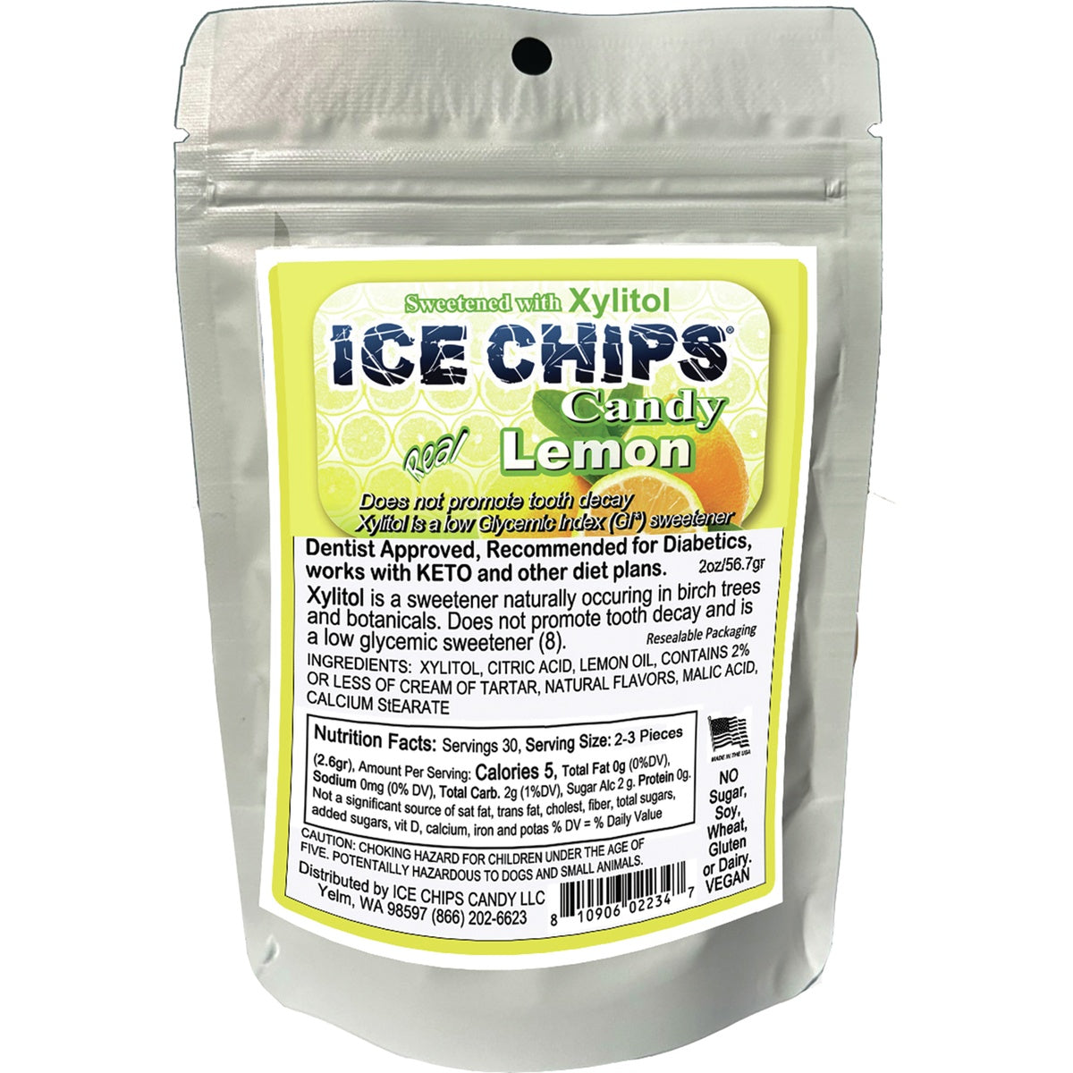 IC014 | Ice Chips Candy Lemon xylitol candy pouch with nutrition facts and ingredients