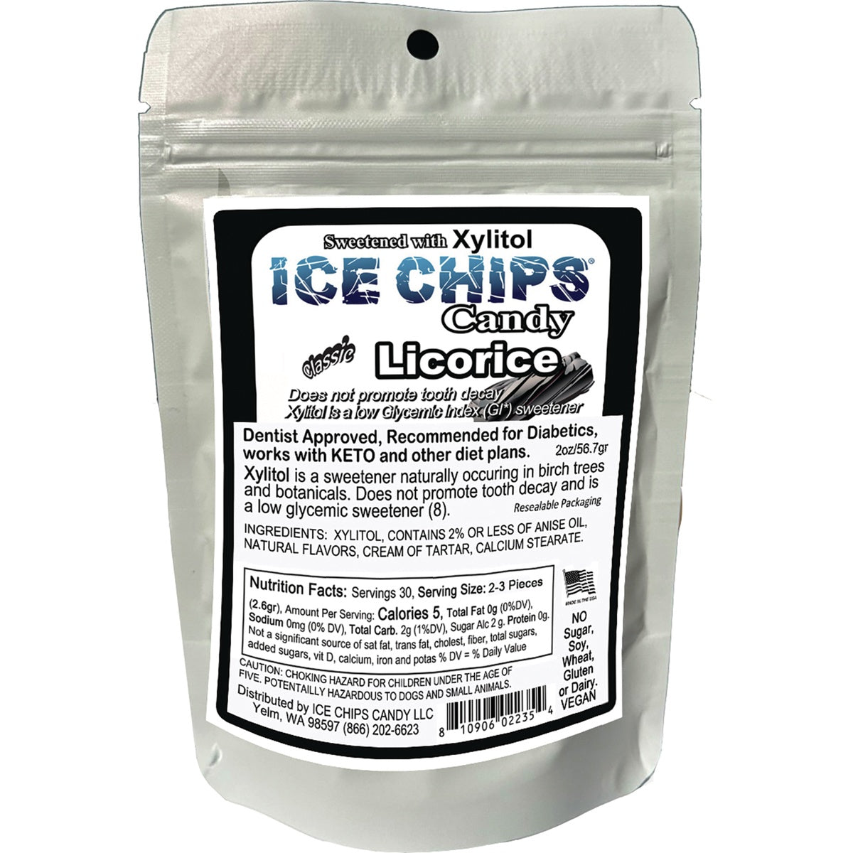 IC015 | Resealable pouch of Ice Chips Candy classic licorice sweetened with xylitol