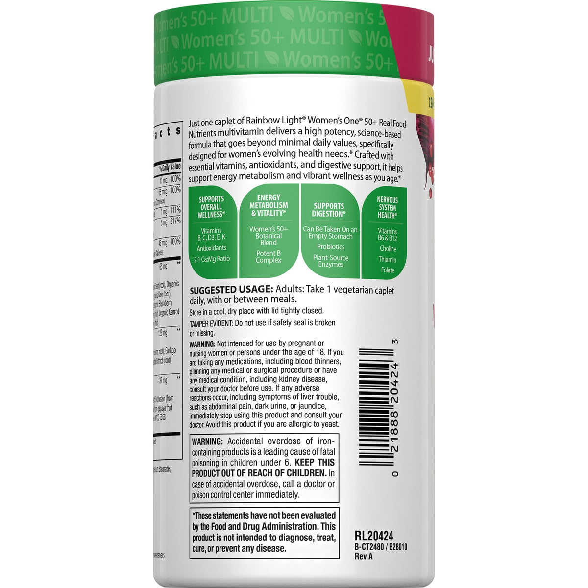 RBL163 | Back label of supplement bottle with suggested usage, actual size tablet oval and certification icons