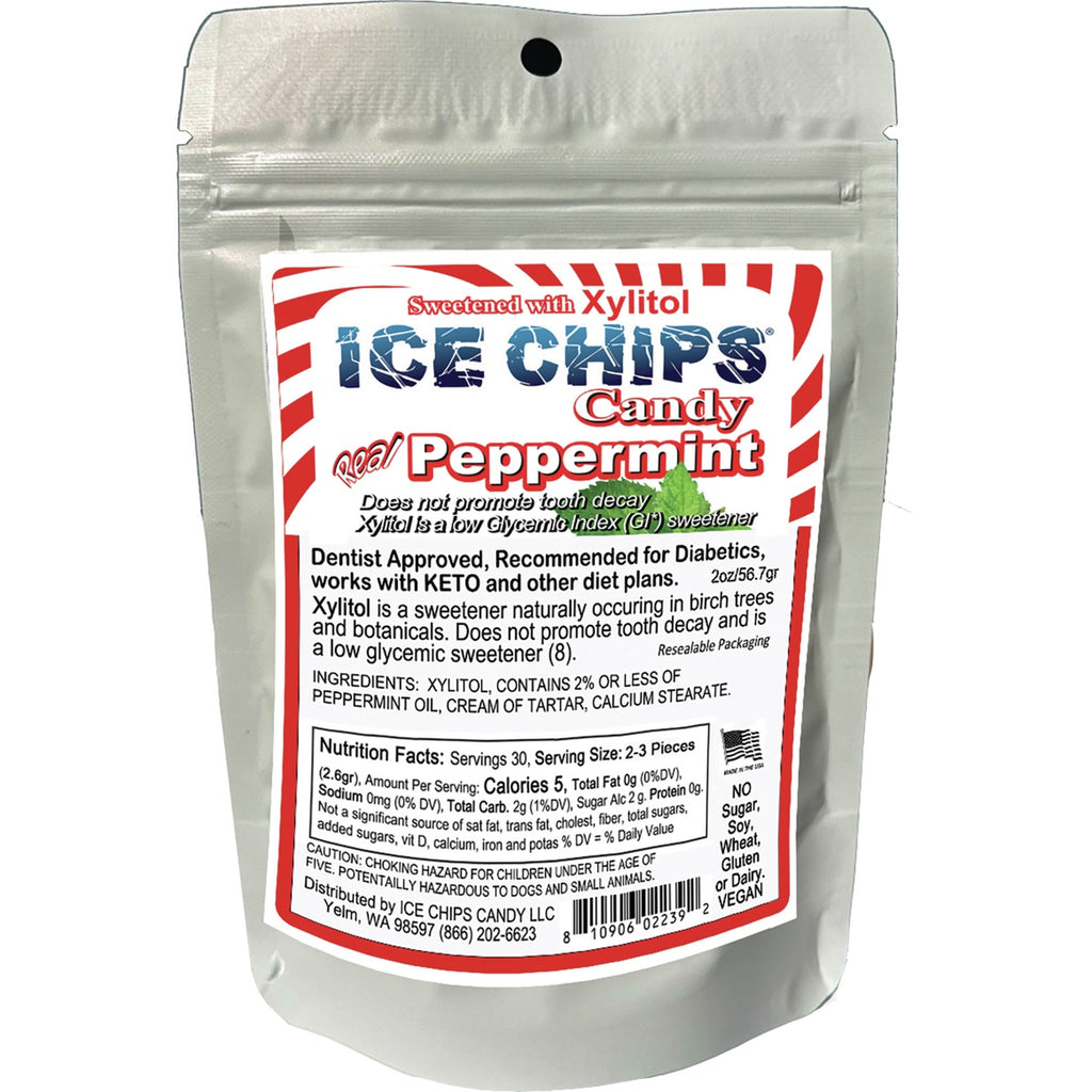 IC016 | Resealable pouch of Ice Chips Candy Real Peppermint xylitol candy with nutrition facts visible - Thumbnail