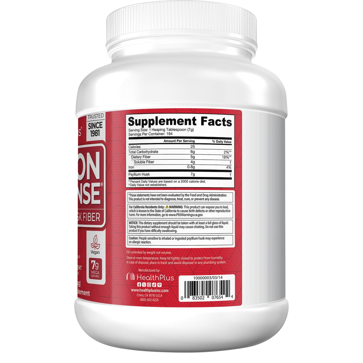 HP009 | back of white jar with red label showing Supplement Facts panel, ingredient table and barcode