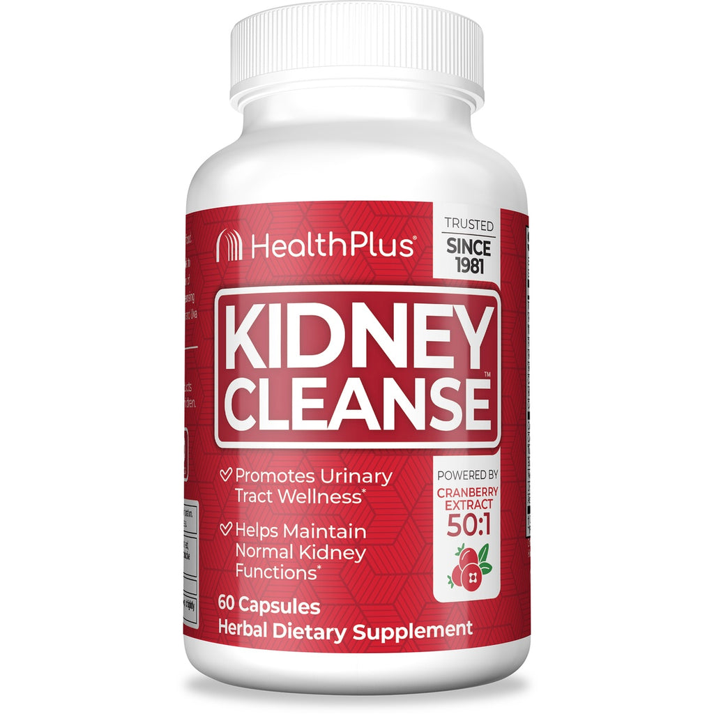 HP005 | HealthPlus Kidney Cleanse dietary supplement bottle, red label showing cranberry illustration, 60 capsules - Thumbnail