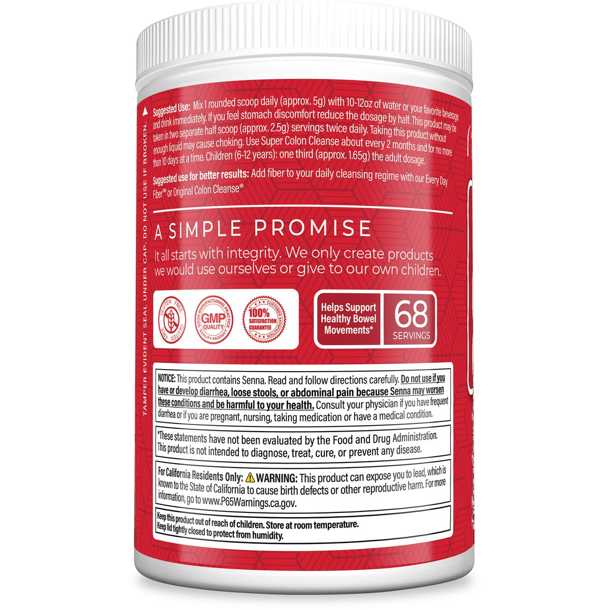 HP012 | Back label of red supplement jar with suggested use, warnings, and 68 servings