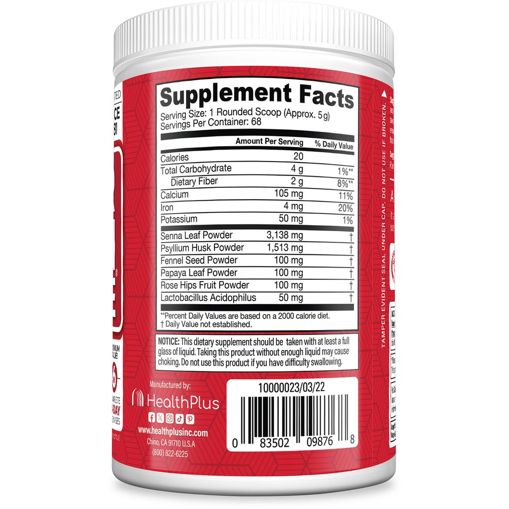 HP012 | back label showing Supplement Facts panel, ingredient amounts, and barcode on red HealthPlus container - Thumbnail