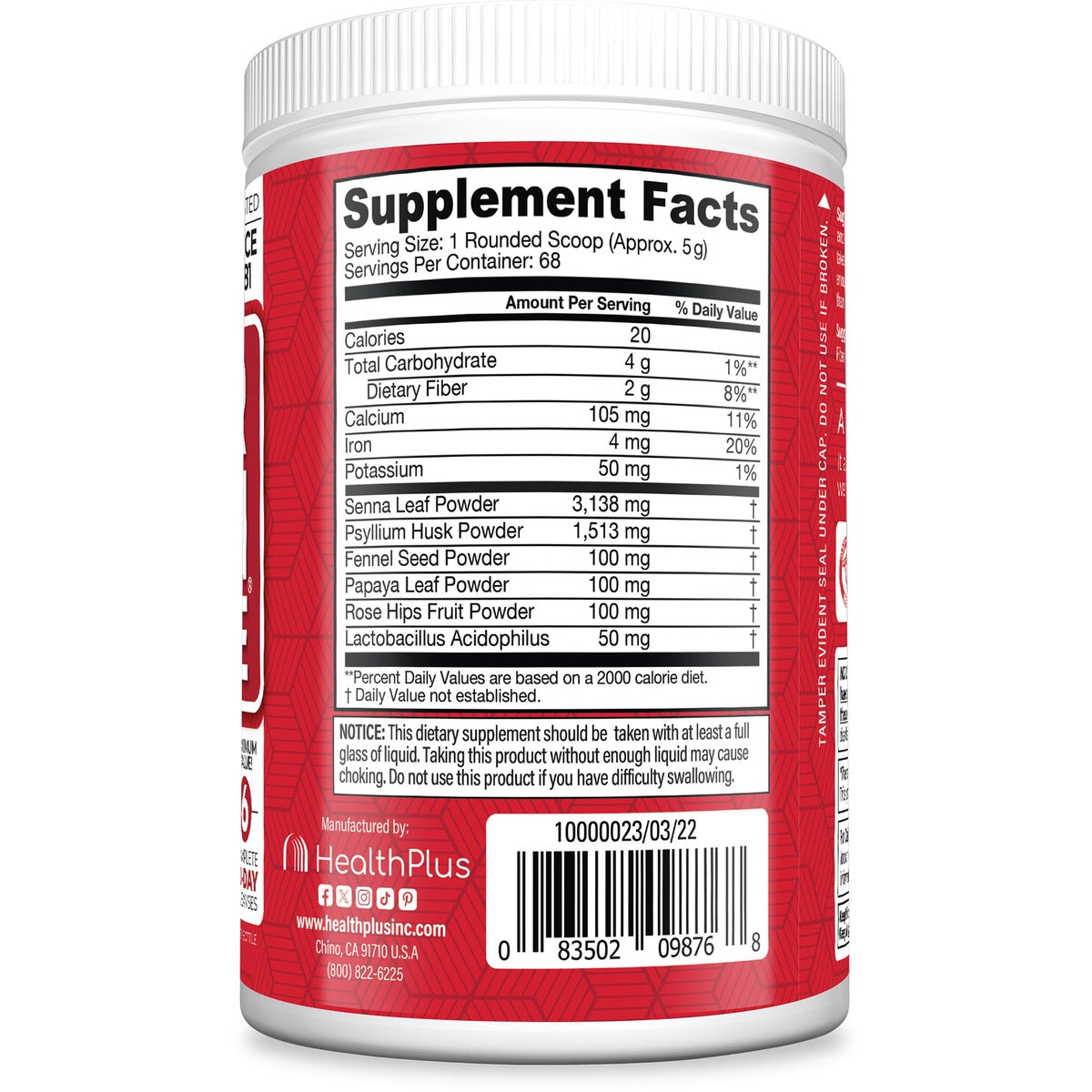 HP012 | back label showing Supplement Facts panel, ingredient amounts, and barcode on red HealthPlus container