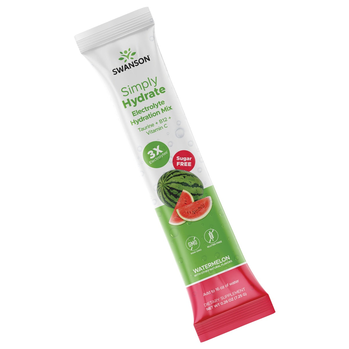 SW1939 | Swanson Simply Hydrate watermelon electrolyte hydration mix single-serve stick, sugar free, shows 3X electrolytes