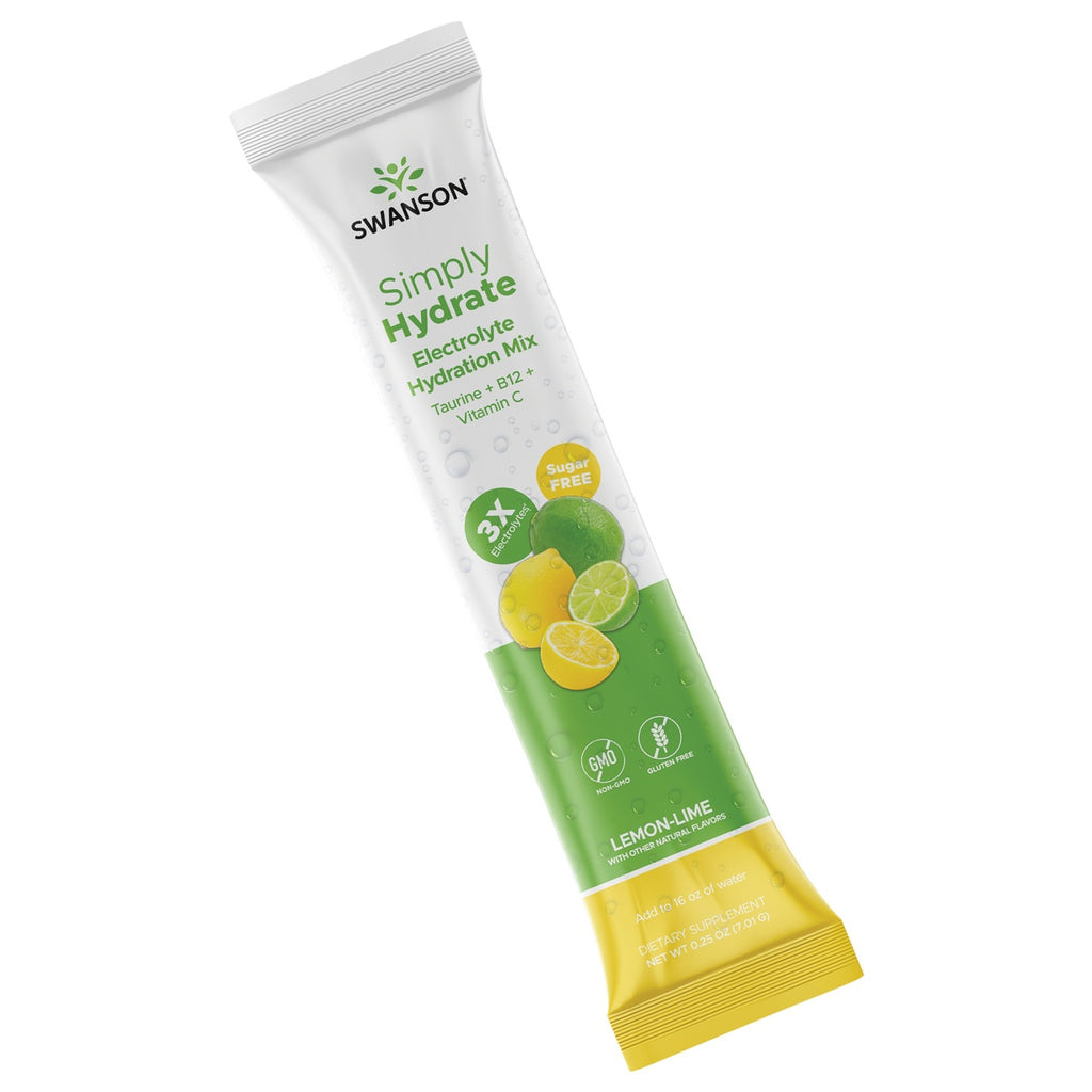 SW1942 A vertical advertisement for Swanson's Simply Hydrate Electrolyte Hydration Mix features a white tube with green and yellow accents, displaying the product name and key benefits such as '3X electrolytes' and 'sugar free.' The tube is positioned slightly tilted to the right, with a sliced lime and lemon placed beside it, emphasizing the lemon-lime flavor. - Thumbnail
