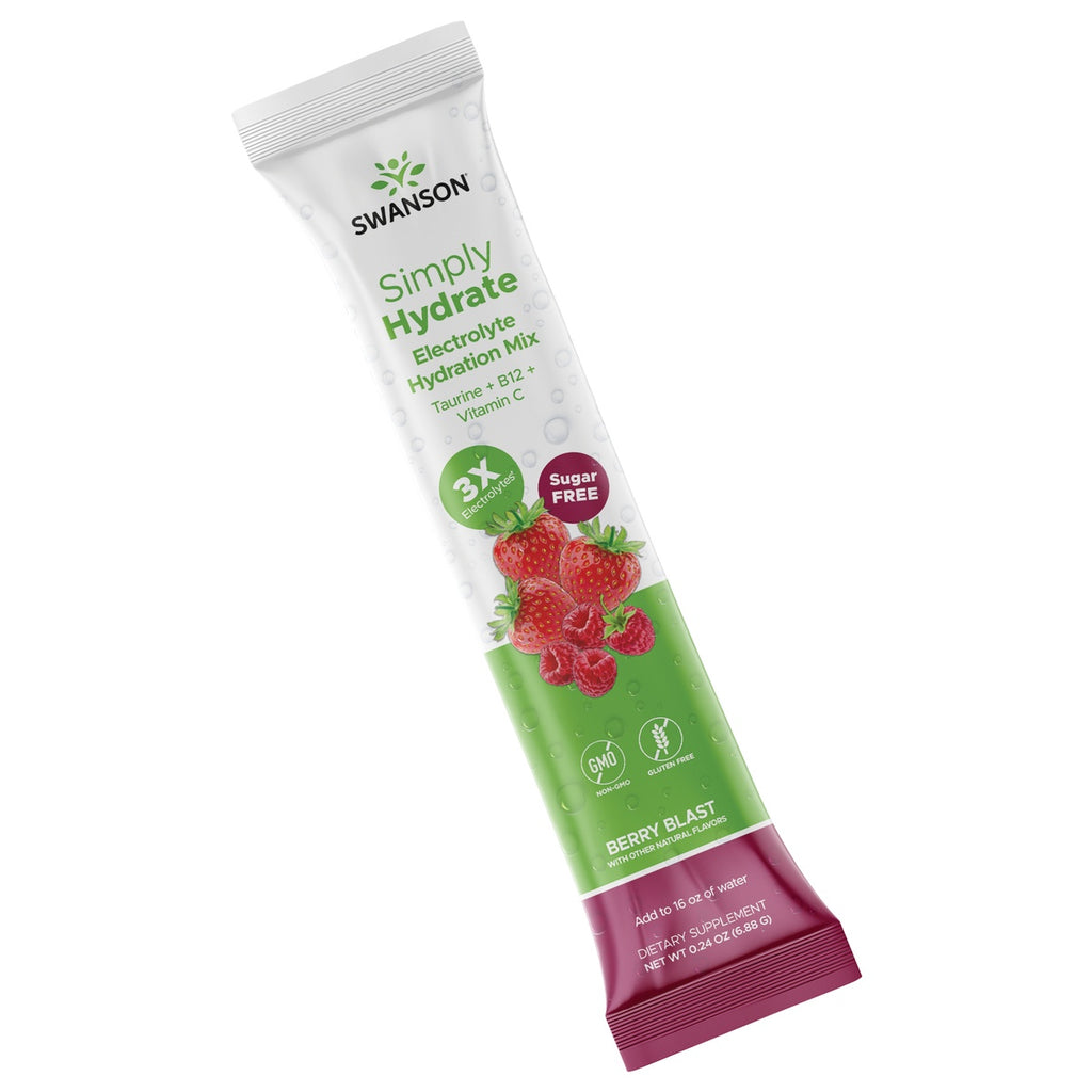 SW1943 | Swanson's Simply Hydrate electrolyte hydration mix featuring a large, ripe strawberry, a raspberry, and a raspberry cluster with green leaves, positioned next to a white, upright packet of the product. The packet displays the product name, key benefits such as '3X electrolytes' and 'sugar free,' and icons indicating it is non-GMO, gluten-free, vegan, and sugar-free. - Thumbnail