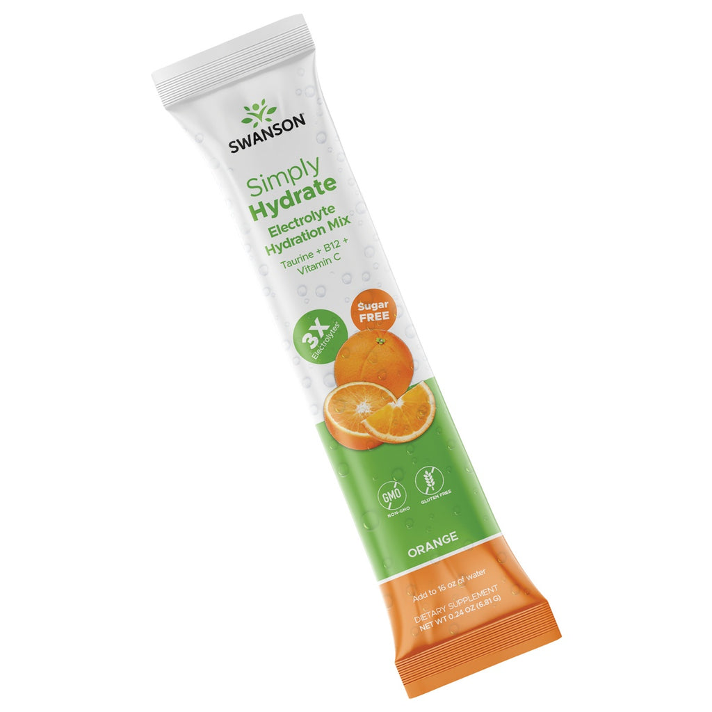 SW1941 A promotional image for Swanson's Simply Hydrate Electrolyte Hydration Mix features a white tube with green and orange accents, positioned at an angle with the top slightly tilted to the right. The tube displays the product name, key benefits such as '3X electrolytes' and 'sugar free,' and icons indicating non-GMO, gluten-free, vegan, and zero calorie. To the left of the tube, there is a fresh orange slice and a halved orange, emphasizing the citrus flavor. - Thumbnail