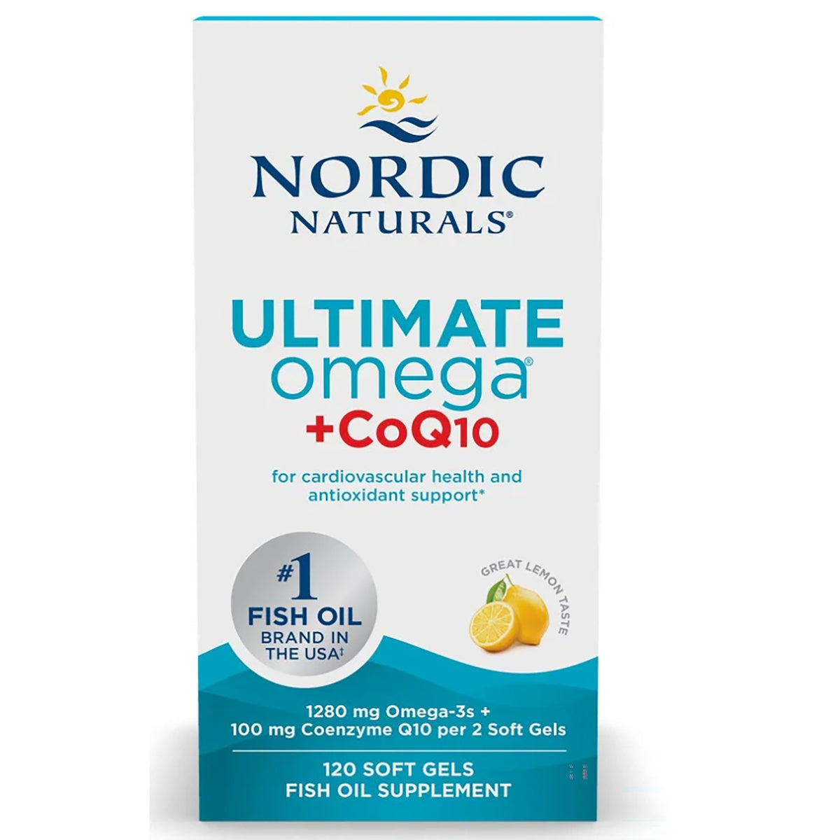 NRN096 | Nordic Naturals Ultimate Omega +CoQ10 lemon flavor bottle and box, 120 soft gels