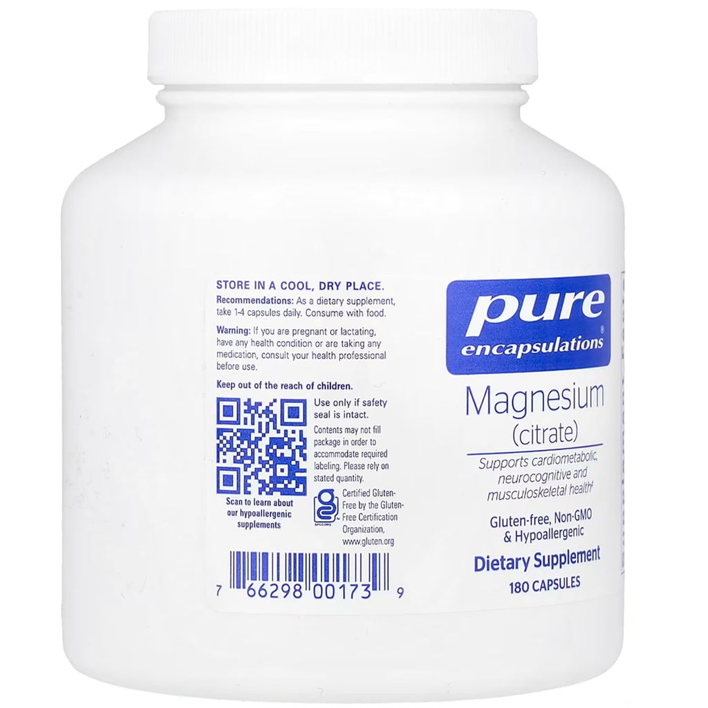 PRN029 | Back label of Pure Encapsulations Magnesium citrate bottle with directions, warnings, QR code, and 180 capsules - Thumbnail