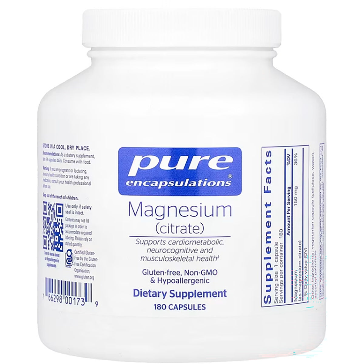 PRN029 | Pure Encapsulations Magnesium (citrate) white supplement jar labeled 180 CAPSULES