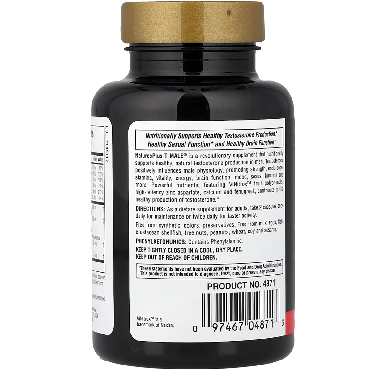 NTP266 | Back label of NaturesPlus T Male supplement bottle with directions, warnings, and barcode
