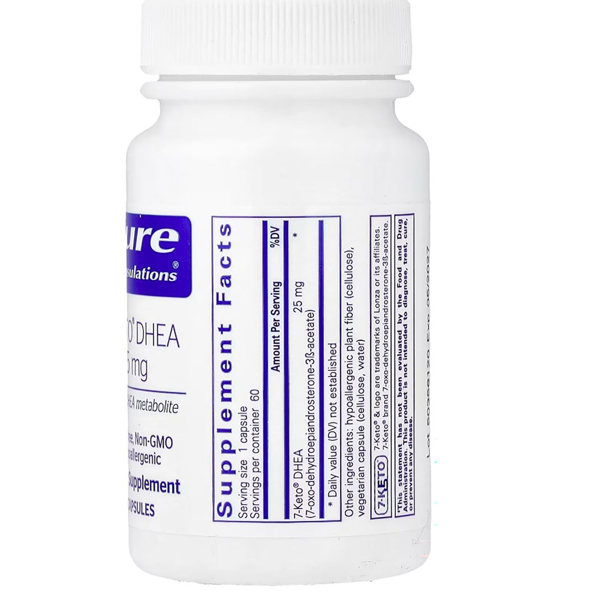 PRN073 | Supplement bottle showing 7-Keto DHEA Supplement Facts and capsules
