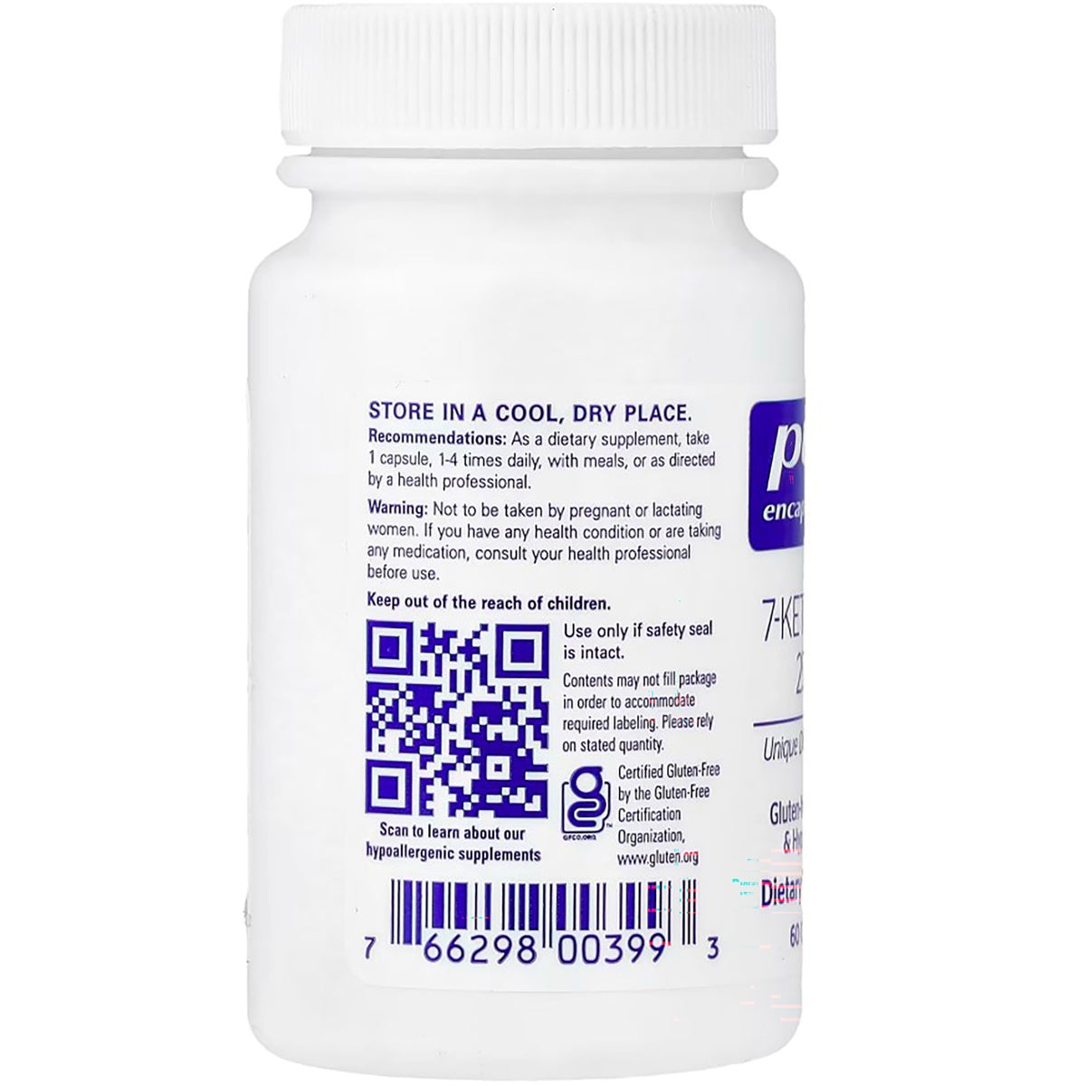 PRN073 | Back label of white supplement bottle with directions, warnings, QR code, and barcode