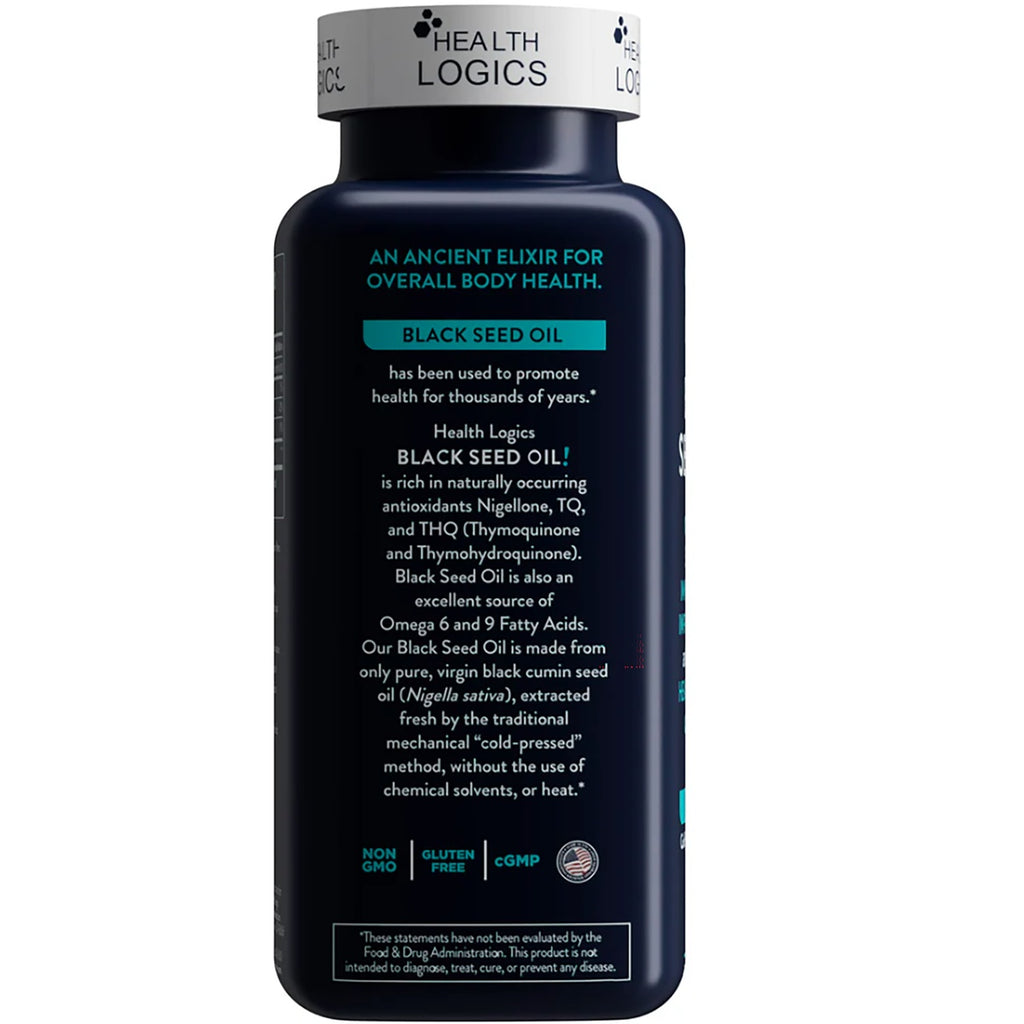 HLG005 | Health Logics Black Seed Oil bottle with product benefits and non-GMO, gluten-free, cGMP icons - Thumbnail