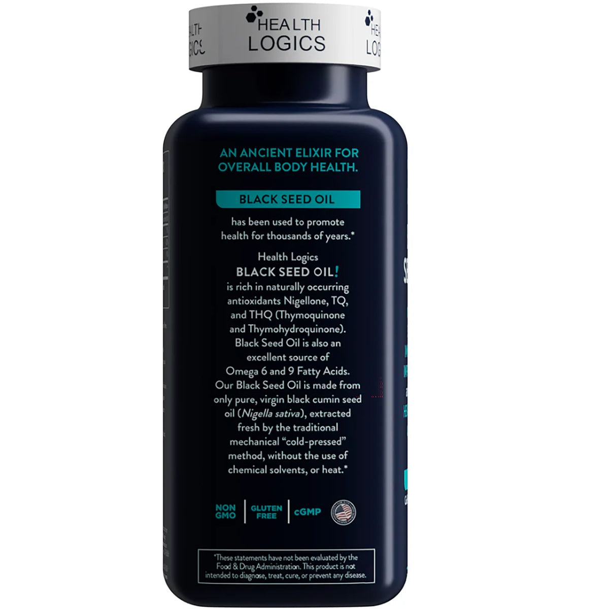 HLG005 | Health Logics Black Seed Oil bottle with product benefits and non-GMO, gluten-free, cGMP icons