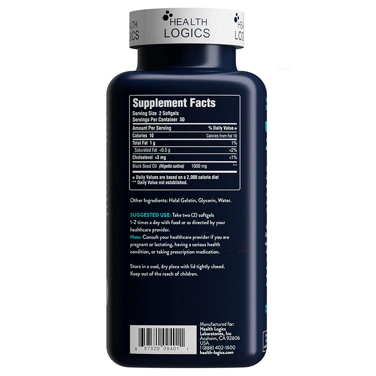 HLG005 | Health Logics supplement bottle back label showing Supplement Facts, suggested use, and barcode