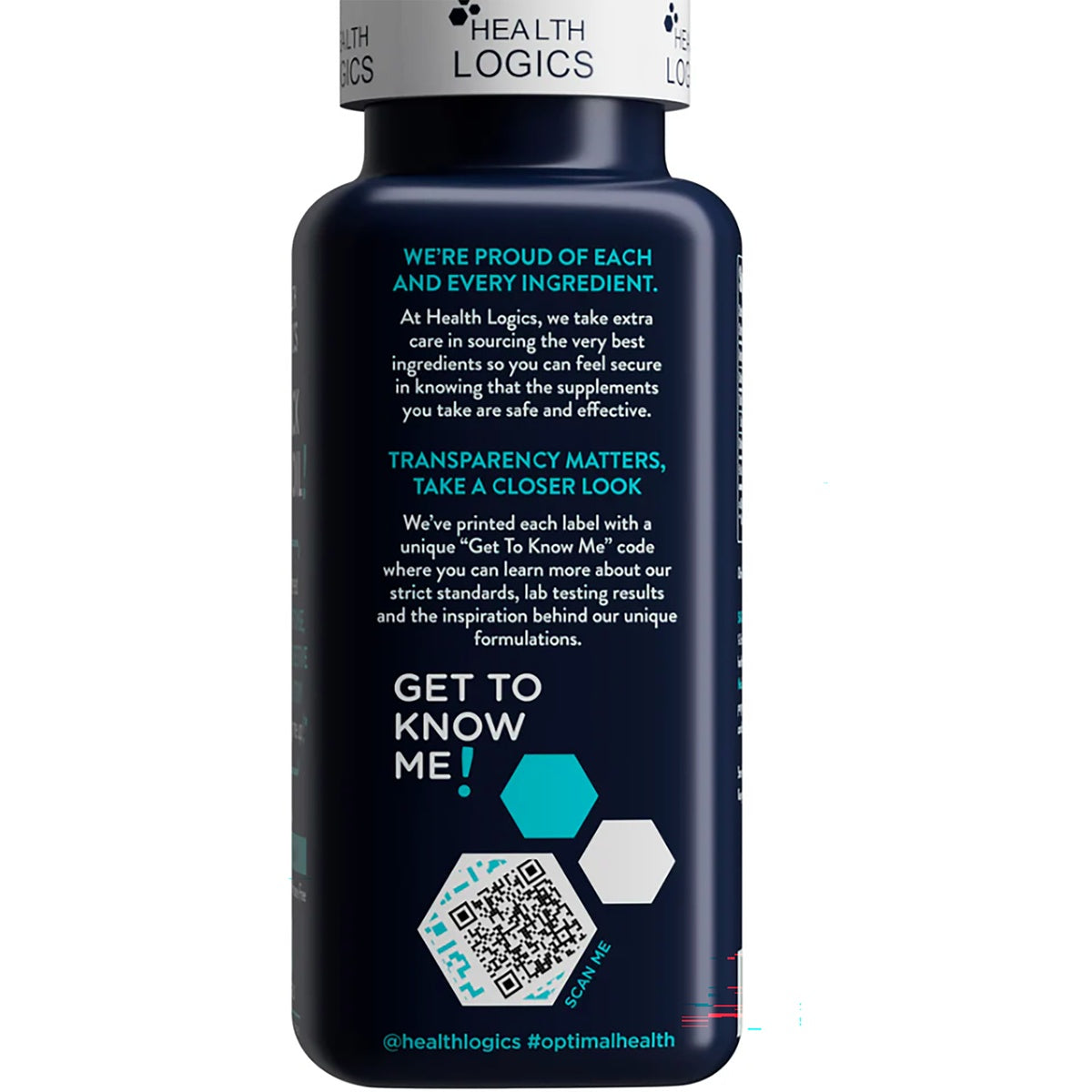HLG005 | Health Logics bottle back label with transparency message and QR code