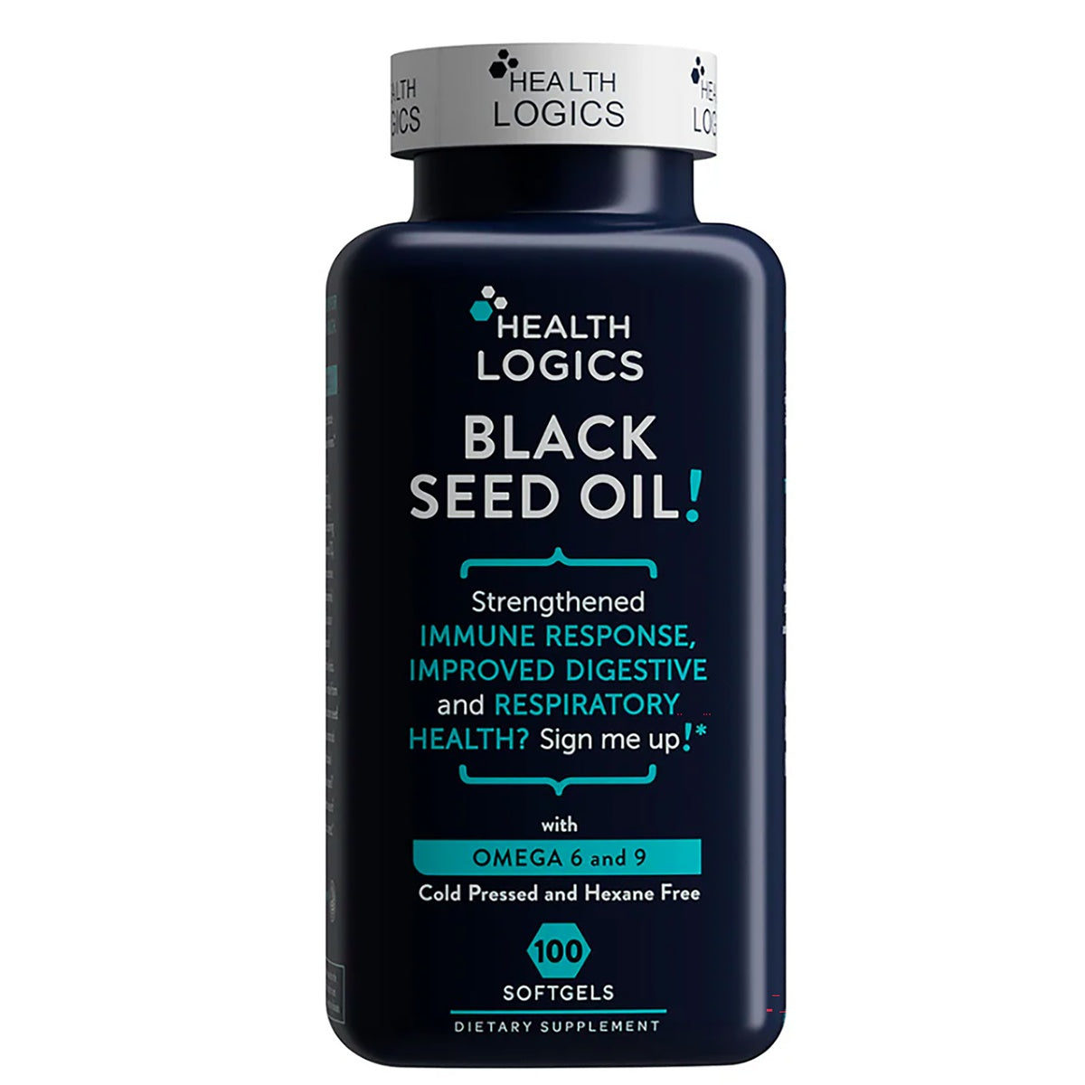 HLG005 | Bottle of Black Seed Oil dietary supplement with red label reading 100 Soft Gels
