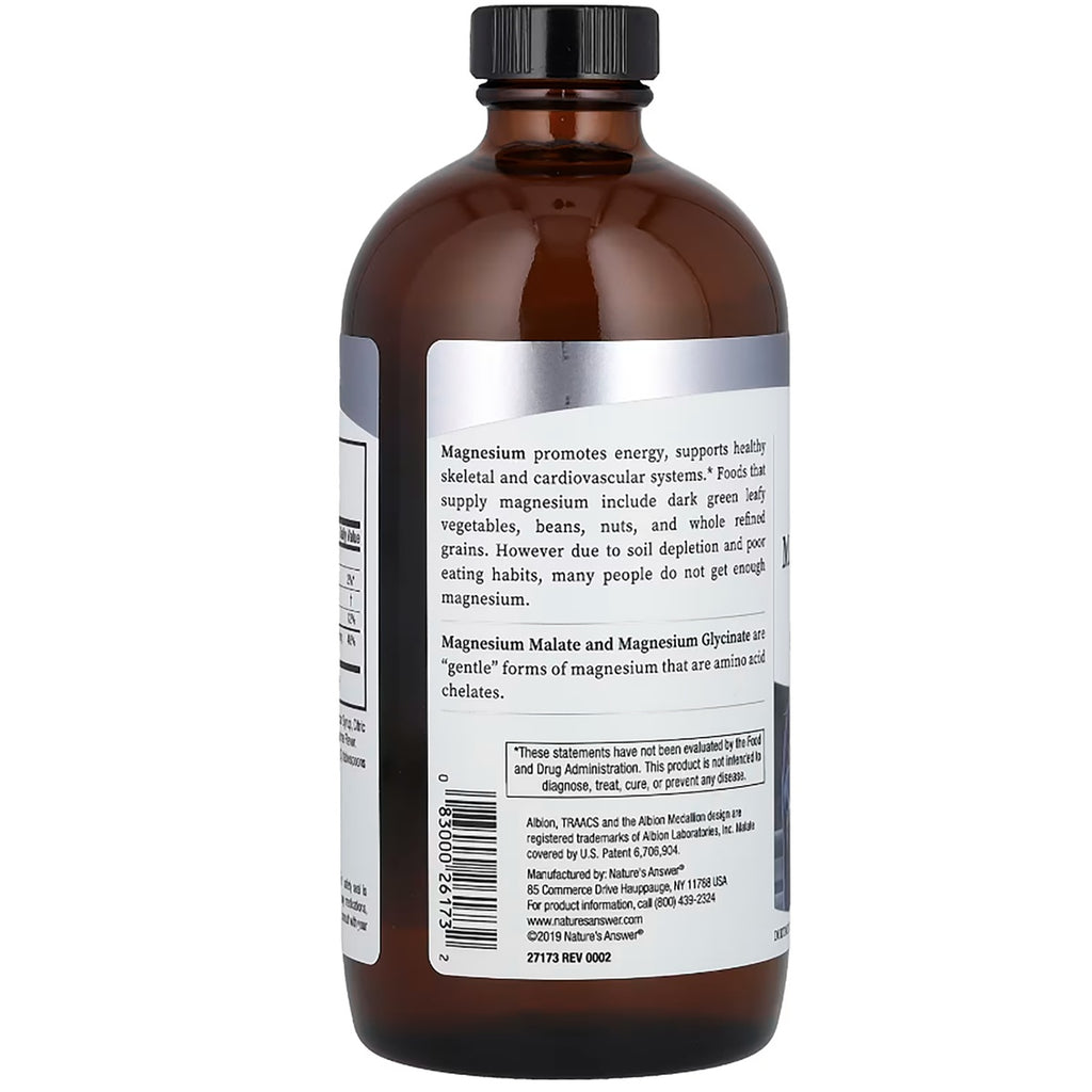 NAT108 | Back label of a Nature's Answer magnesium supplement bottle with product information and disclaimer - Thumbnail