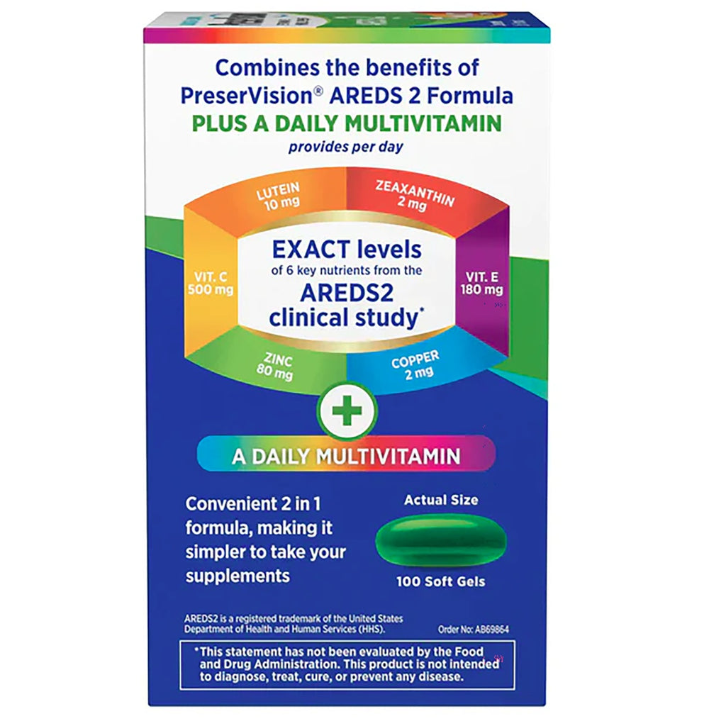 BNL027 | Packaging infographic showing PreserVision AREDS 2 formula plus daily multivitamin with nutrients and soft gels - Thumbnail