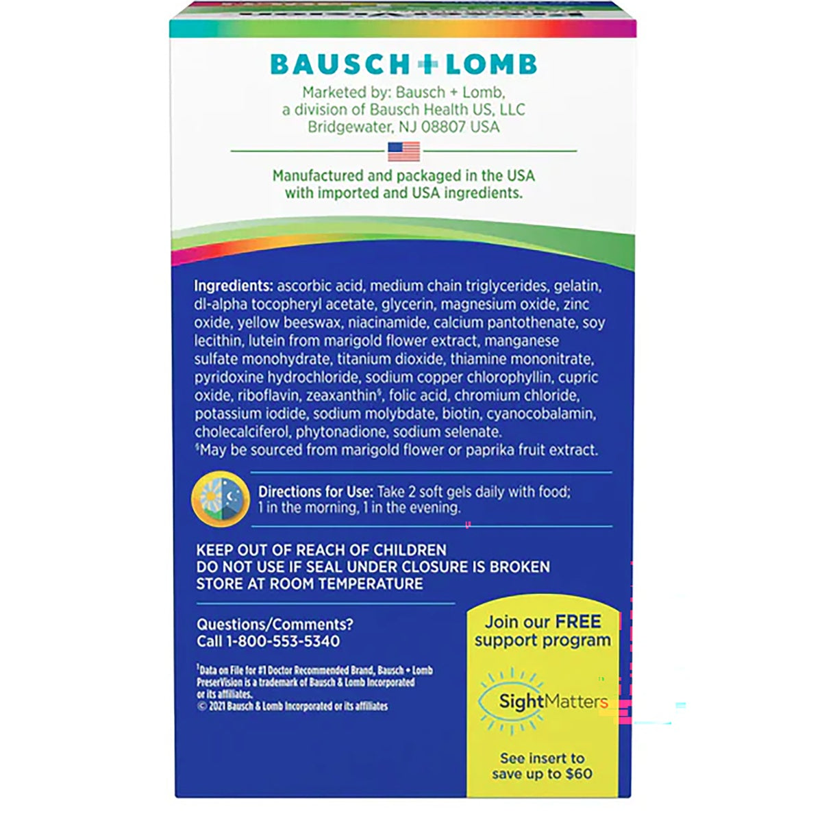 BNL027 | Bausch + Lomb product box back with ingredients, directions, warnings, and SightMatters support program
