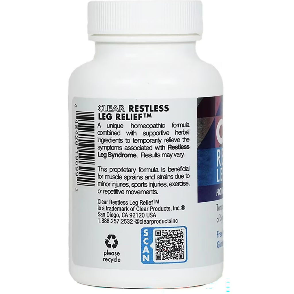 CLP006 | Clear Restless Leg Relief bottle with side label, barcode, and QR code - Thumbnail