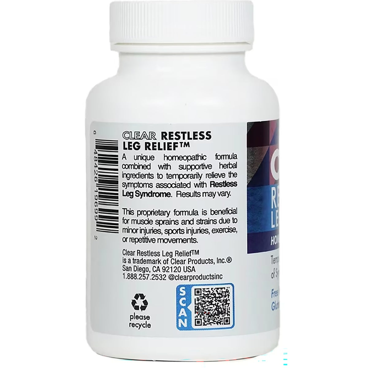 CLP006 | Clear Restless Leg Relief bottle with side label, barcode, and QR code