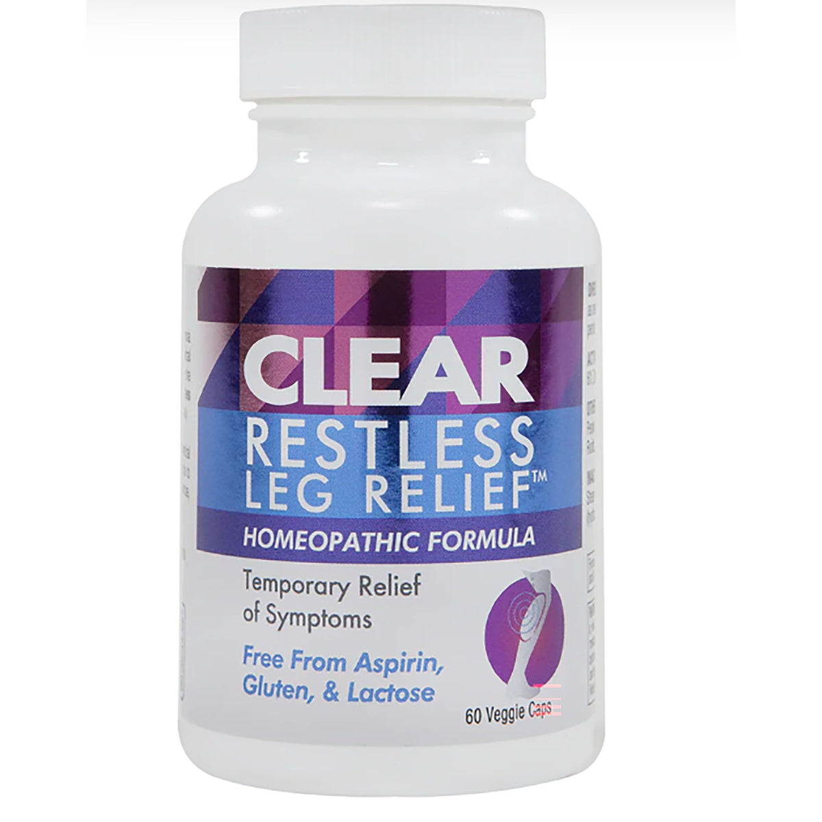 CLP006 | White bottle labeled CLEAR RESTLESS LEG RELIEF Homeopathic Formula, 60 capsules, vegi-caps, aspirin gluten and lactose free