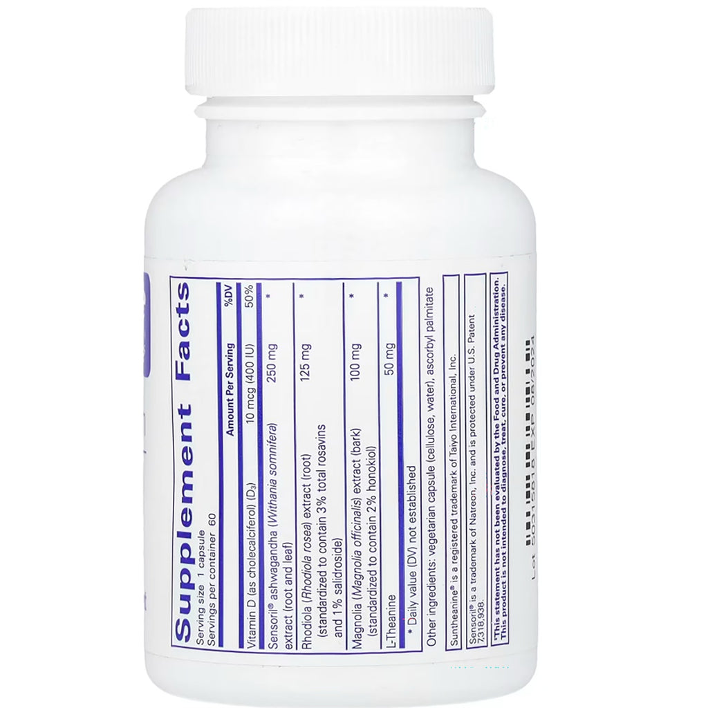 PRN163 | Supplement Facts label on a white bottle showing vitamin D, sensoril ashwagandha, rhodiola, magnolia, and l-theanine - Thumbnail