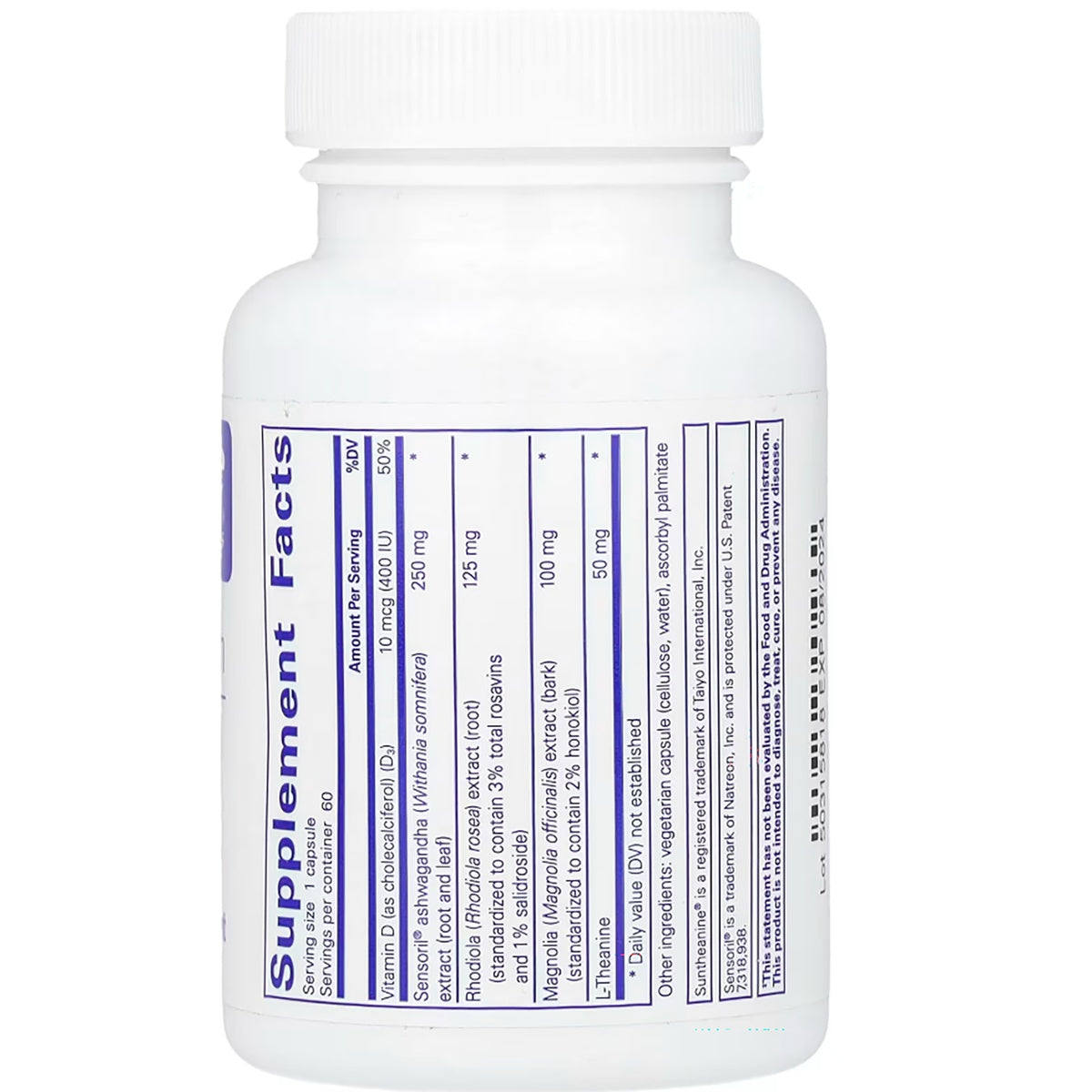 PRN163 | Supplement Facts label on a white bottle showing vitamin D, sensoril ashwagandha, rhodiola, magnolia, and l-theanine