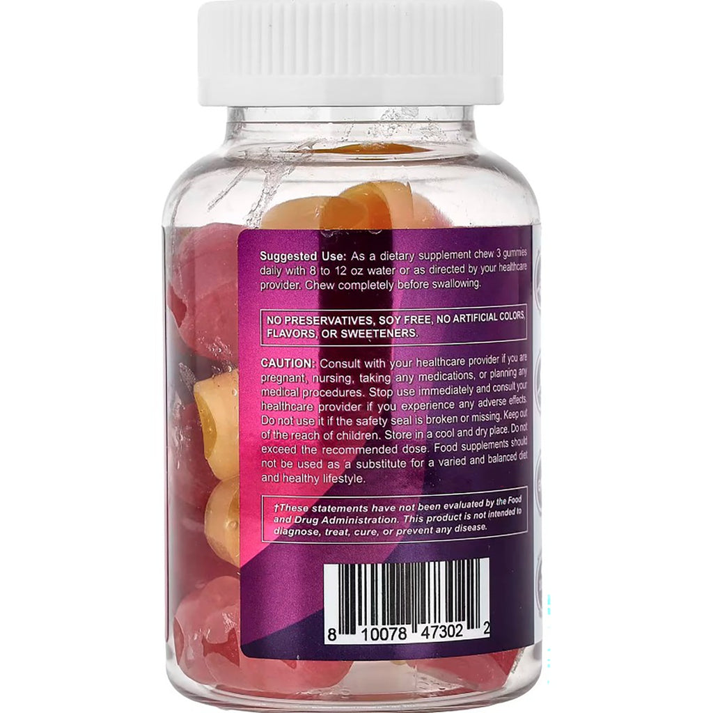 VAM008 | Back label of gummy supplement bottle with directions, barcode, and icons: Gluten Free, Non GMO, GMP, 100% Quality - Thumbnail