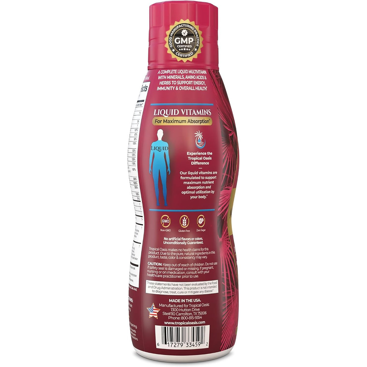TPL009 | Back label of liquid supplement bottle with Supplement Facts and usage instructions