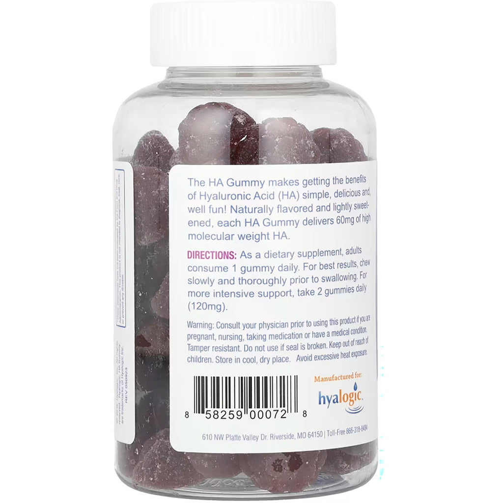 HYL007 | Supplement Facts panel on a bottle of hyaluronic acid gummies with 60 day supply and gluten free claims - Thumbnail