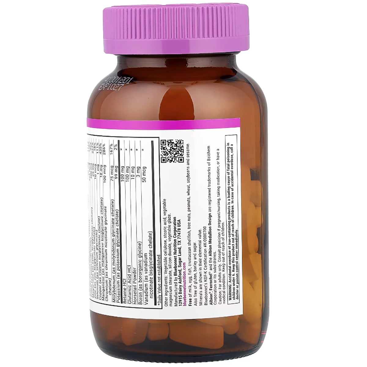 BLU080 | back label of amber supplement bottle showing ingredient panel, visible capsules, and purple cap