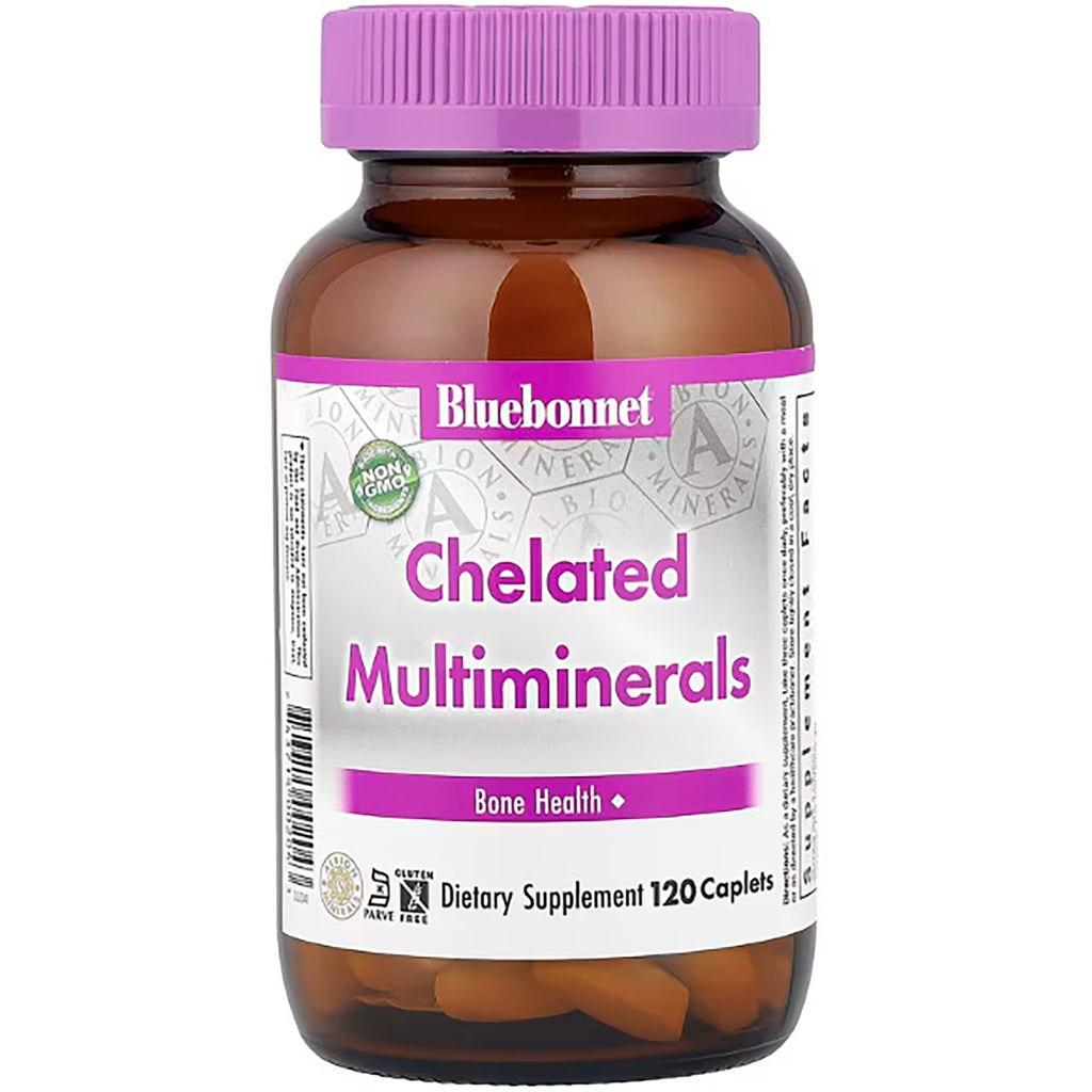 BLU080 | Bluebonnet Chelated Multiminerals dietary supplement bottle, 120 caplets, purple cap - Thumbnail