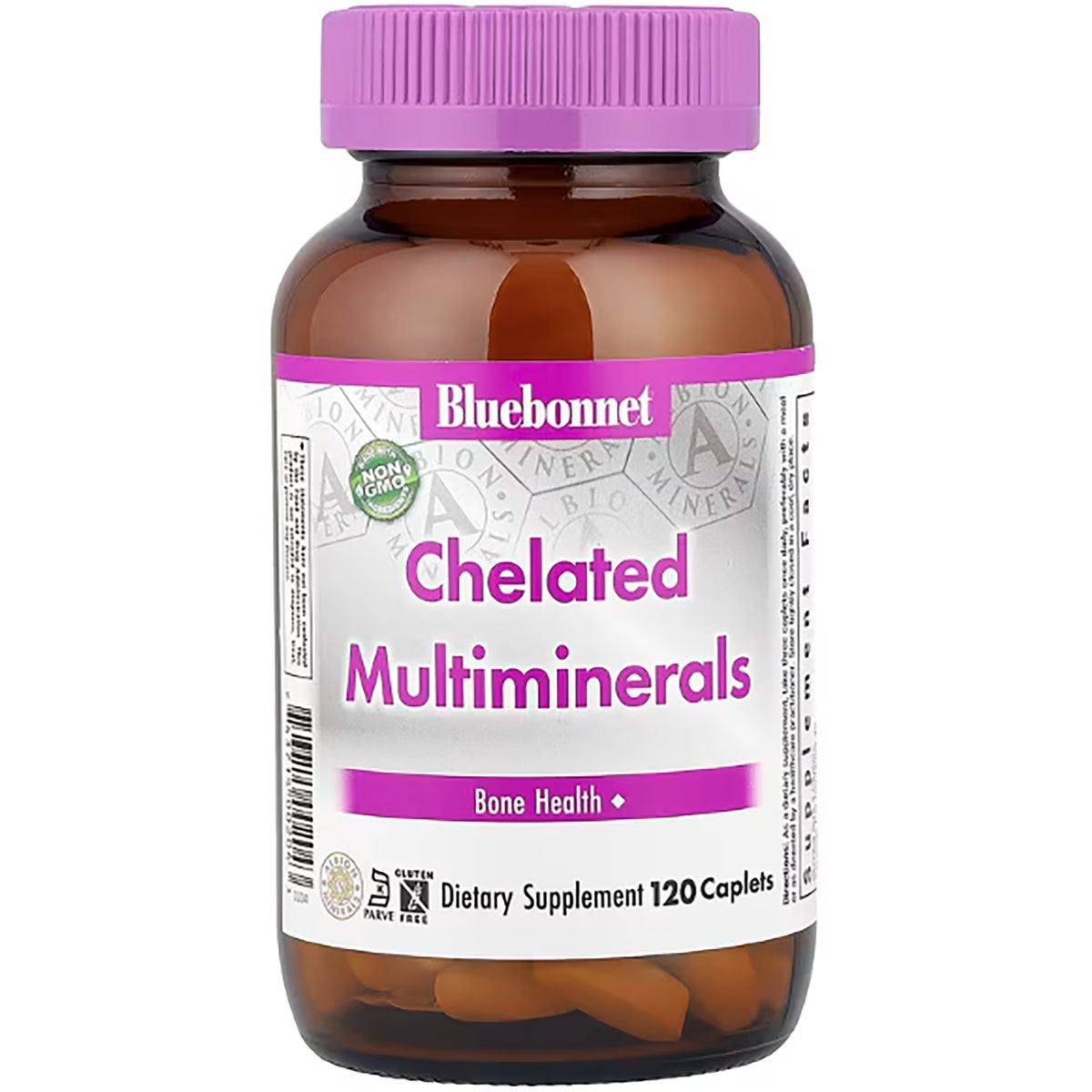 BLU080 | Bluebonnet Chelated Multiminerals dietary supplement bottle, 120 caplets, purple cap