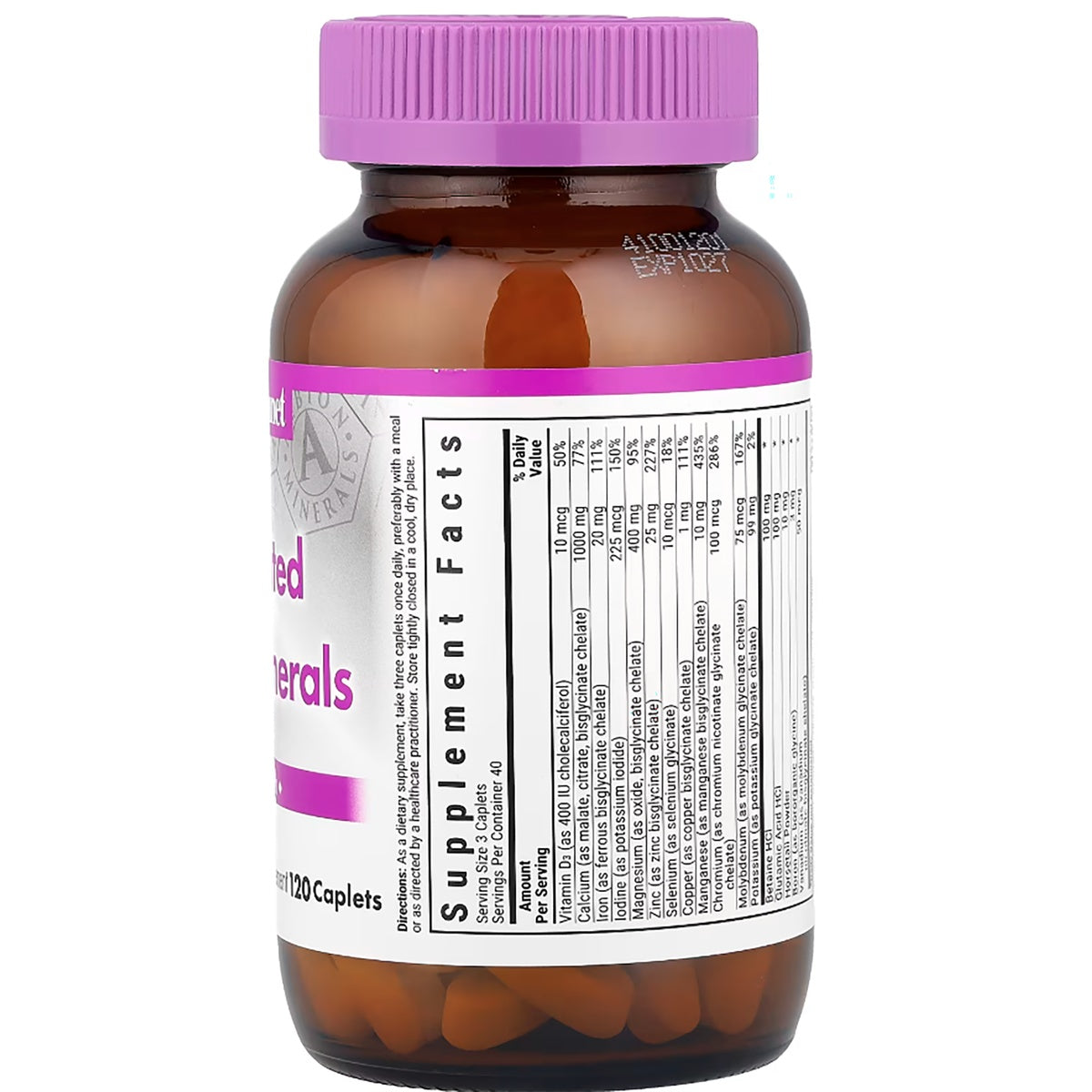 BLU080 | back label showing Supplement Facts panel and serving info on amber bottle with purple cap